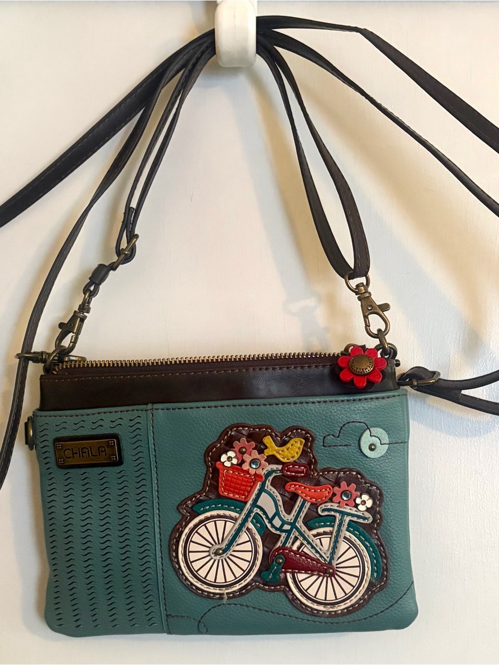 Chala Teal and Brown Bicycle Appliqué Crossbody with Red Flower Charm